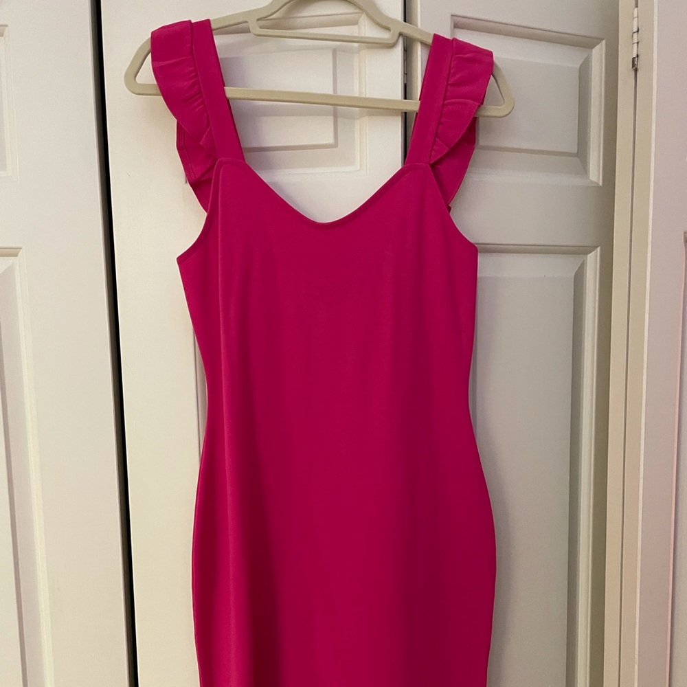Hot pink dress, ruffle straps, size Medium